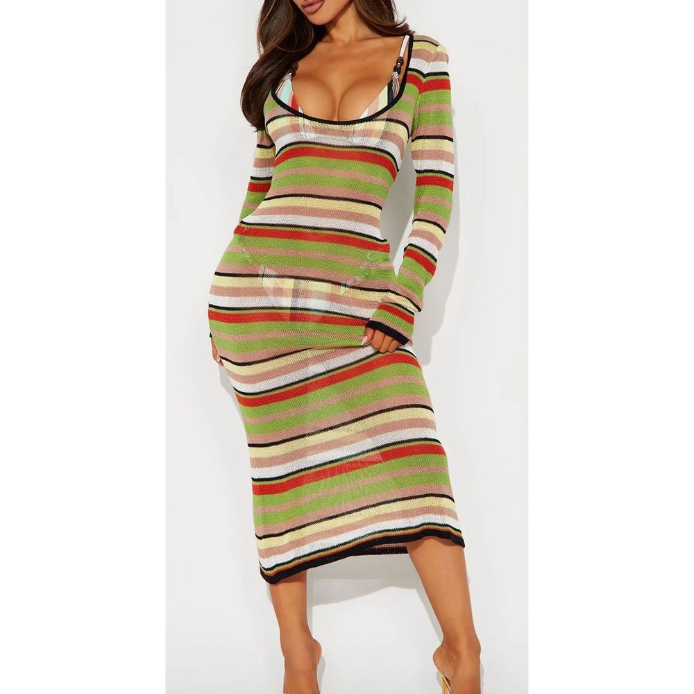 Fashion Nova Genesis Striped 3pc Bikini Swimsuit Knit Dress‎ Cover Up Set - XL